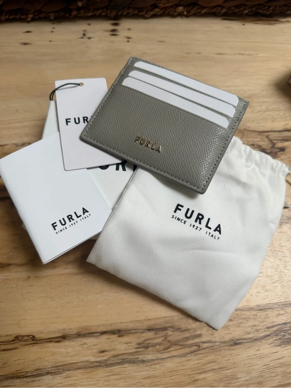 Furla Taupe Gray Pebbled Leather Card Holder with Gold Logo
